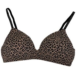 Victoria's Secret Wireless Bra Women 34C Tan Leopard Print Logo Strap No Wire‎